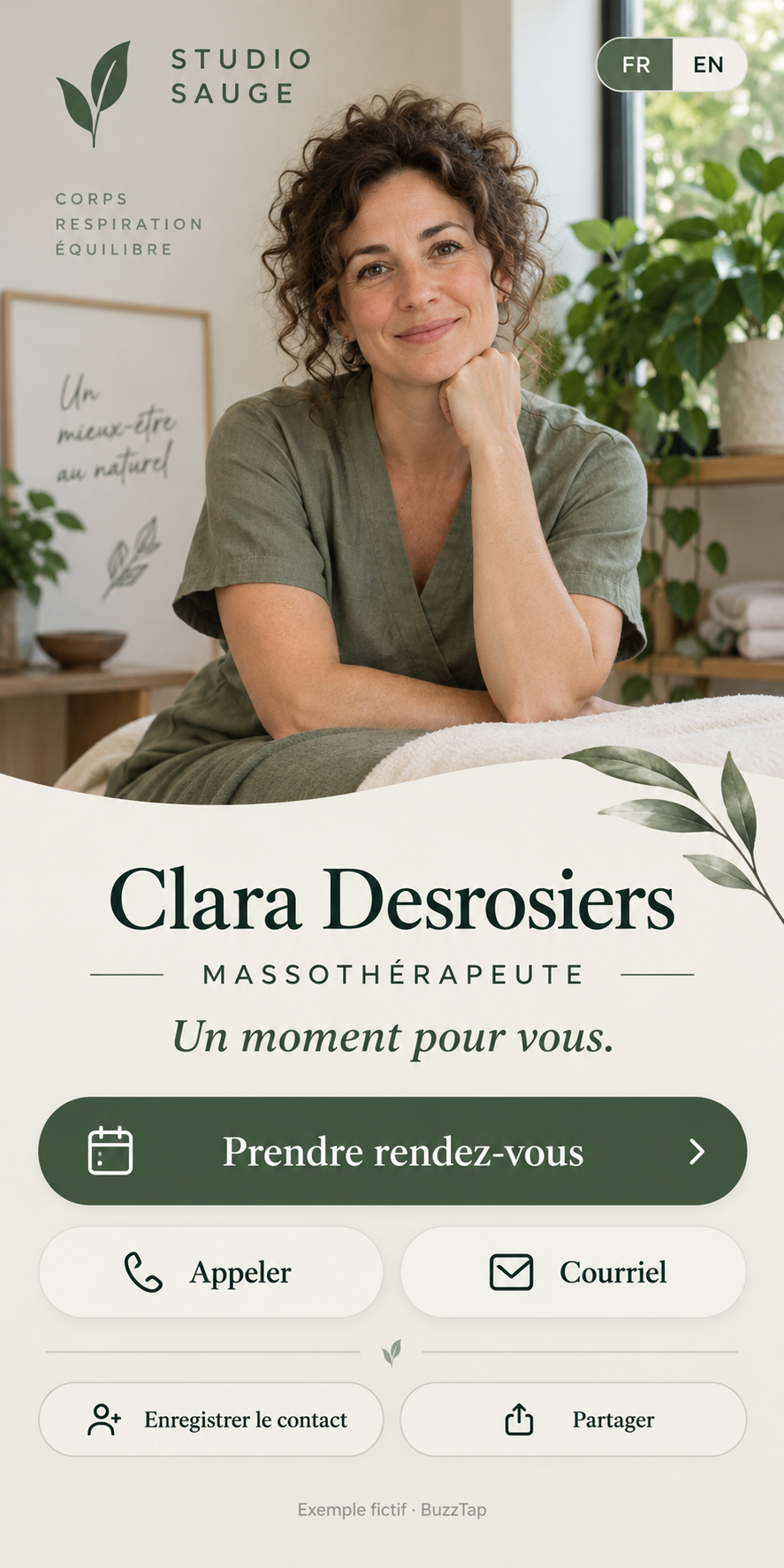 Carte · Massothérapeute — Présenter la personne. Faciliter le rendez-vous.