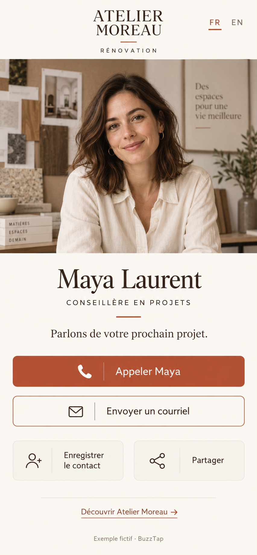 Carte professionnelle — Un employé. Ses coordonnées. Le contact en un geste.