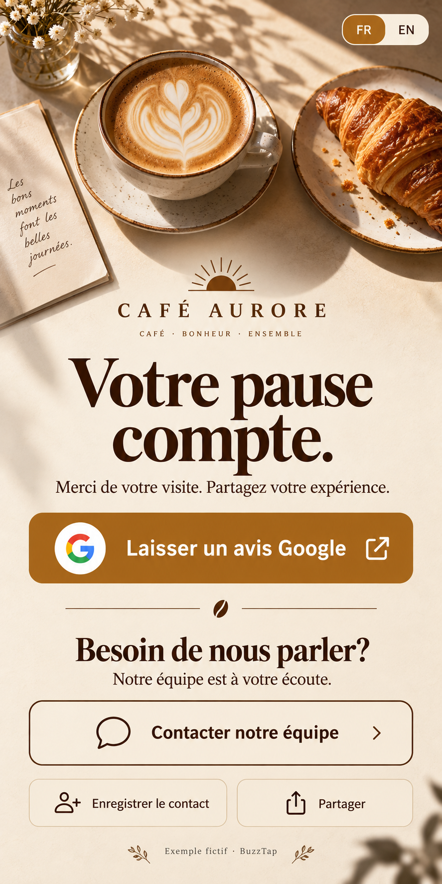 Avis · Café — Prolonger la visite avec un avis sincère.