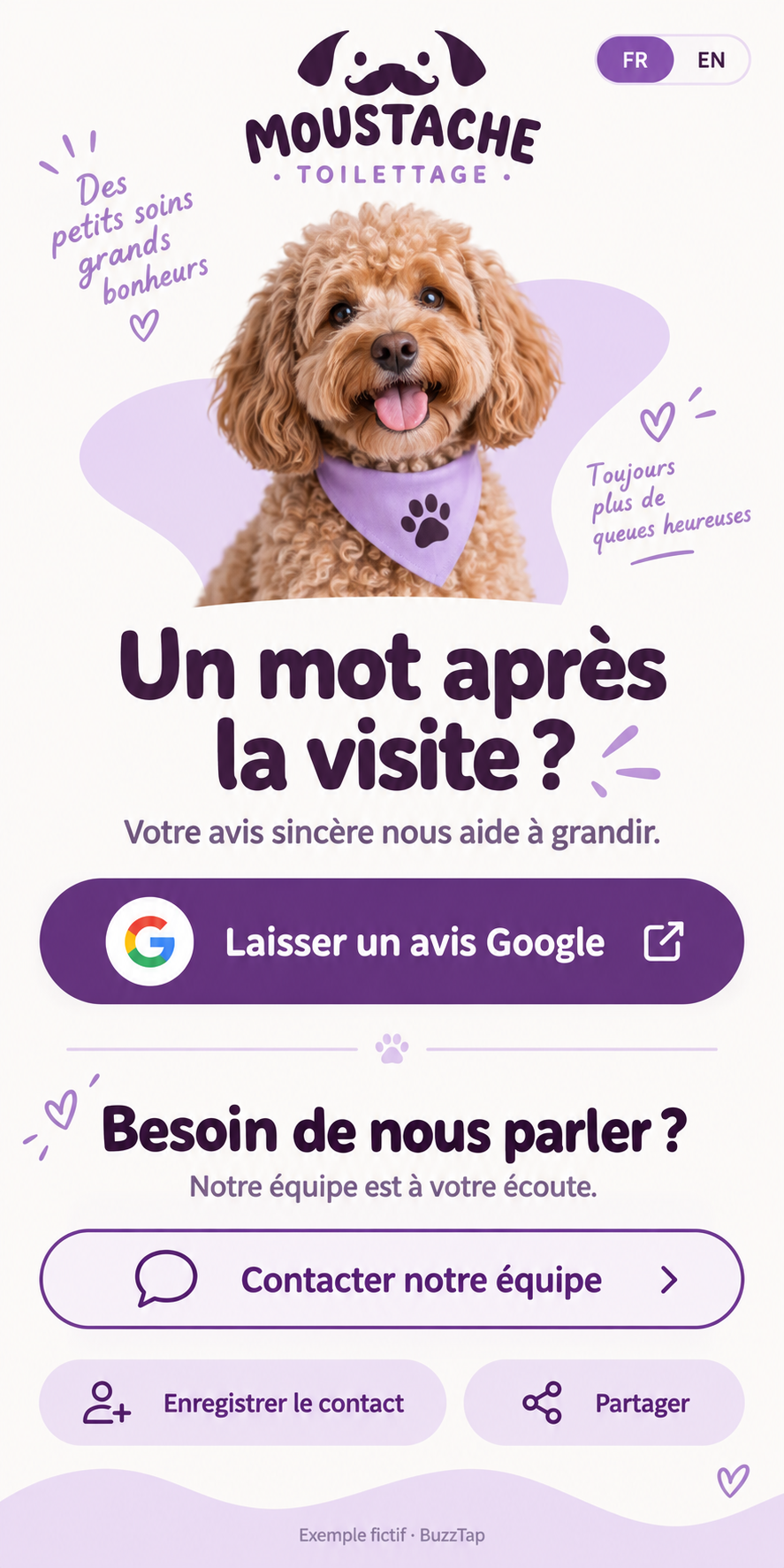 Avis · Toilettage — Recueillir les impressions après le rendez-vous.